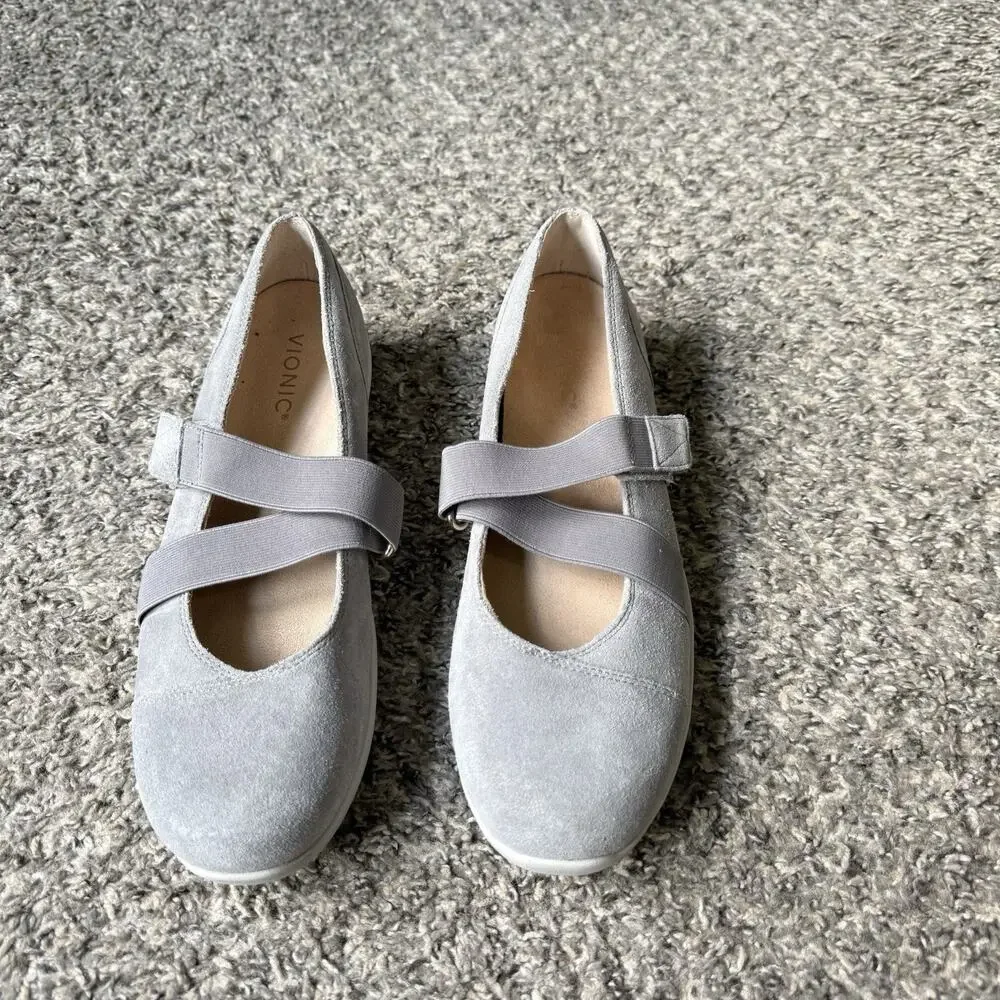 Vionic 9.5 Shelby Gray Mary Jane Comfort Shoes Flats Suede Comfort Orthotic
